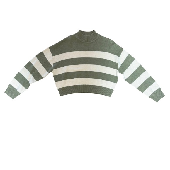 H&M Divided Sweaters - H&M Divided Striped Mock Neck Sweater Green Cream Cropped Knit Pullover Womens M